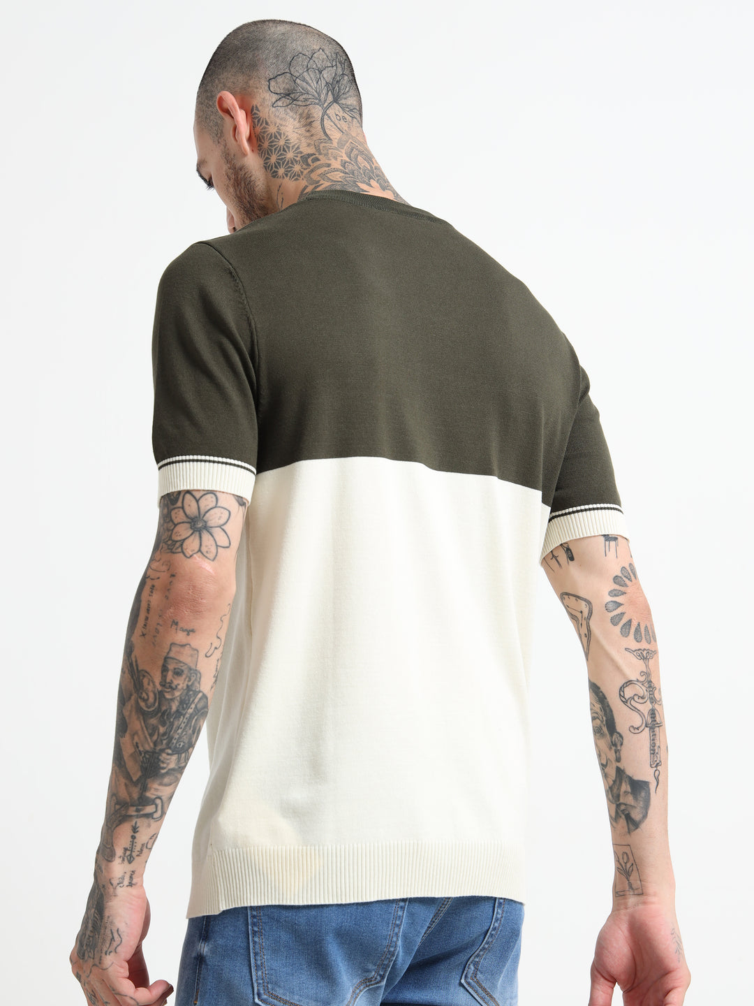 Two-Tone Knit T-Shirt with Ribbed Details - White & Green