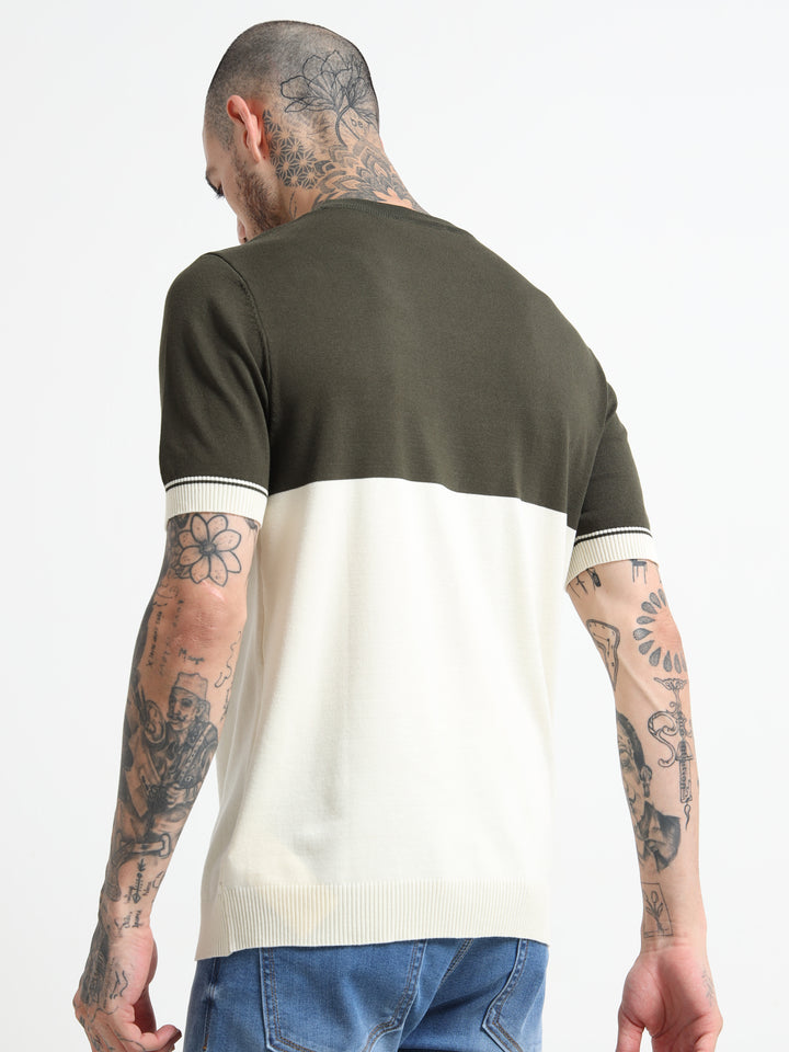 Two-Tone Knit T-Shirt with Ribbed Details - White & Green