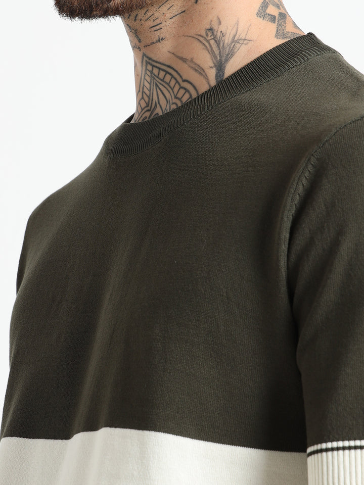 Two-Tone Knit T-Shirt with Ribbed Details - White & Green