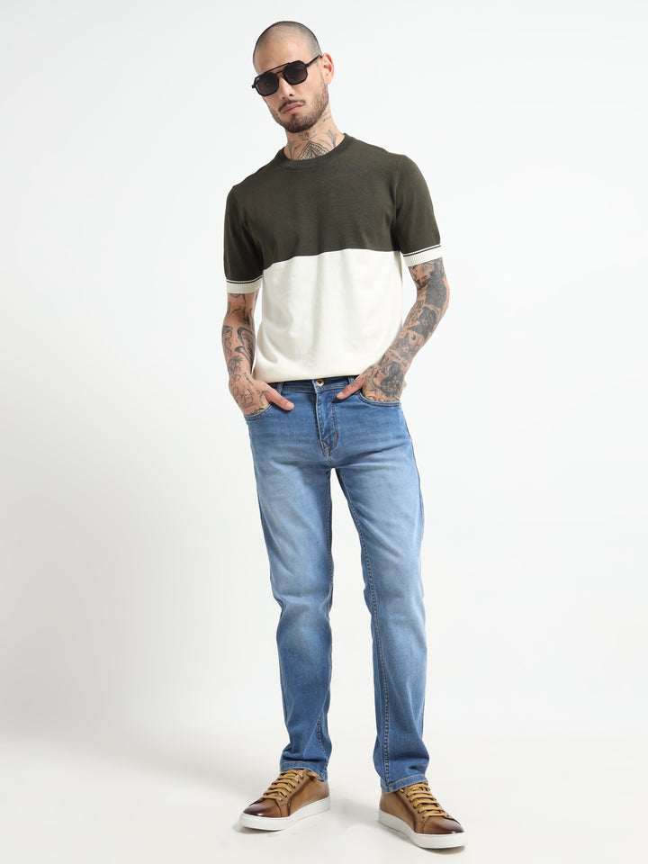 Two-Tone Knit T-Shirt with Ribbed Details - White & Green