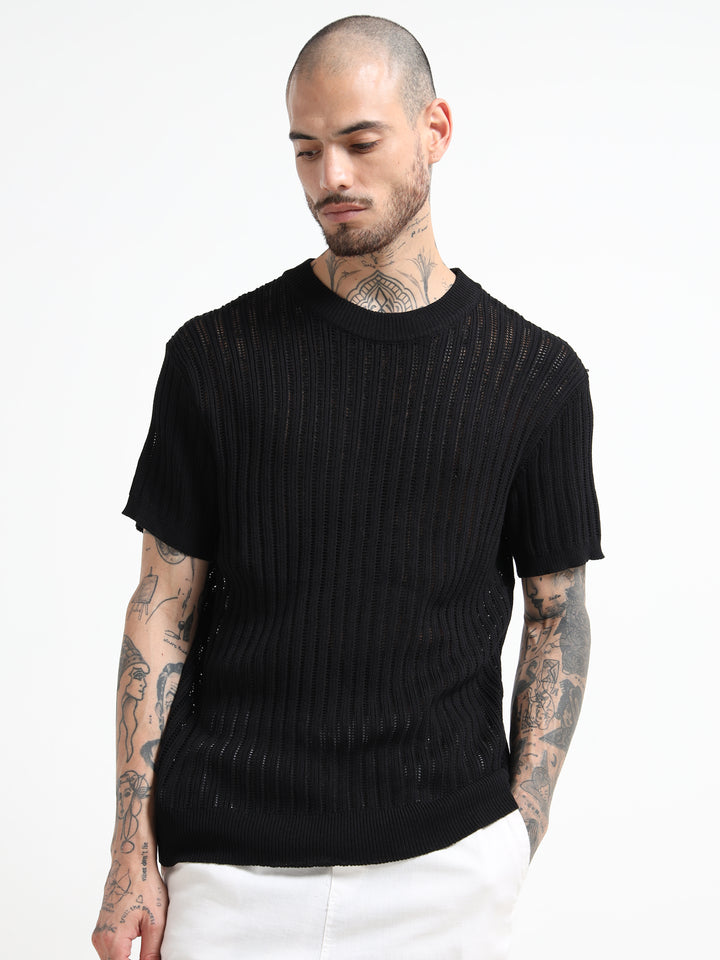 Men's Rib-Knit Crewneck Sweater T-Shirt - Black