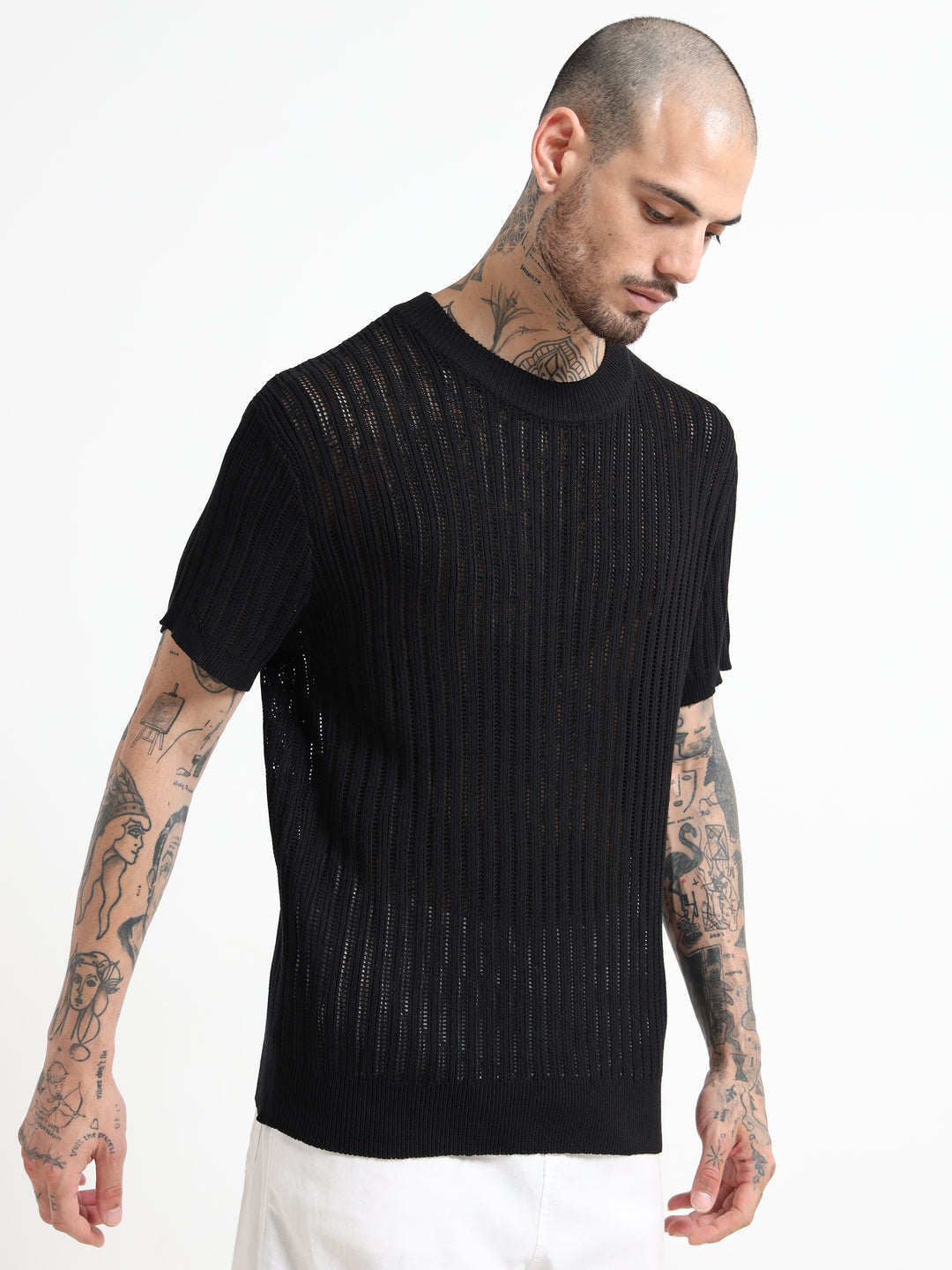 Men's Rib-Knit Crewneck Sweater T-Shirt - Black
