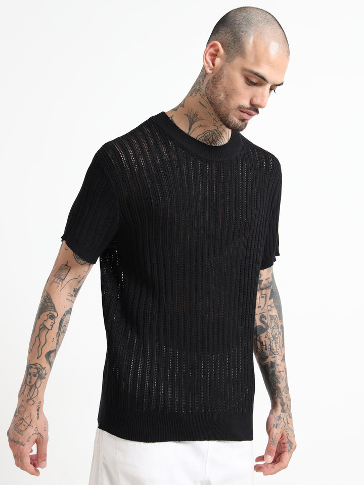 Men's Rib-Knit Crewneck Sweater T-Shirt - Black