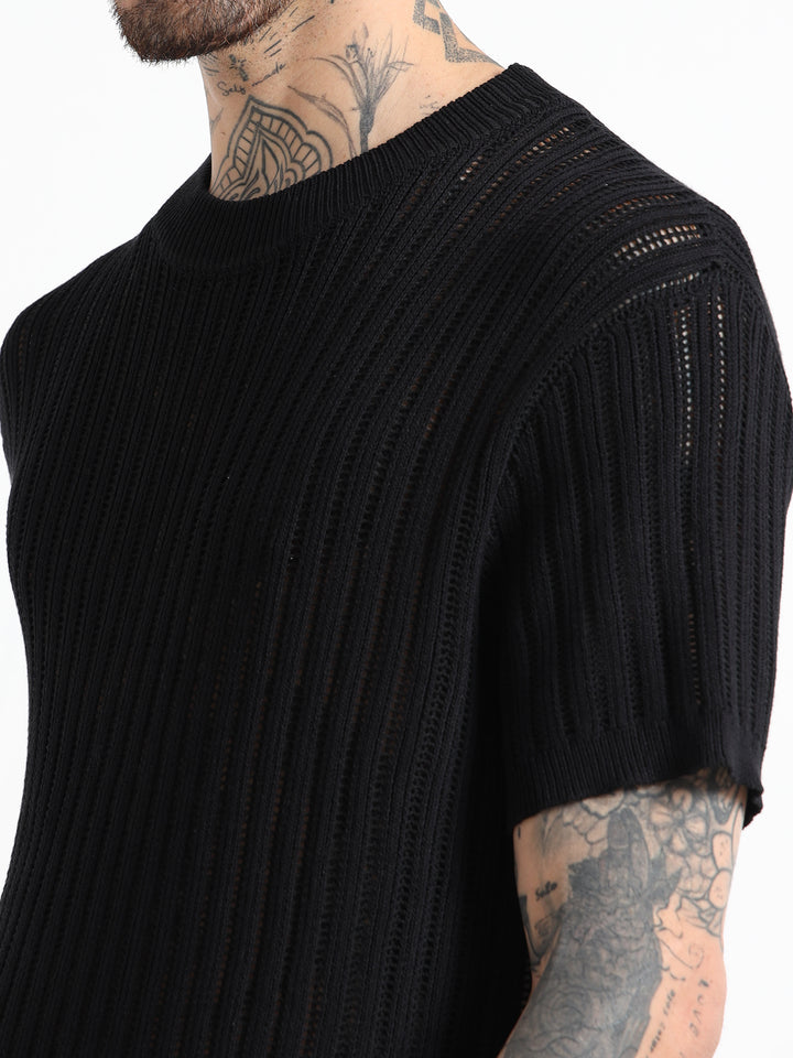 Men's Rib-Knit Crewneck Sweater T-Shirt - Black