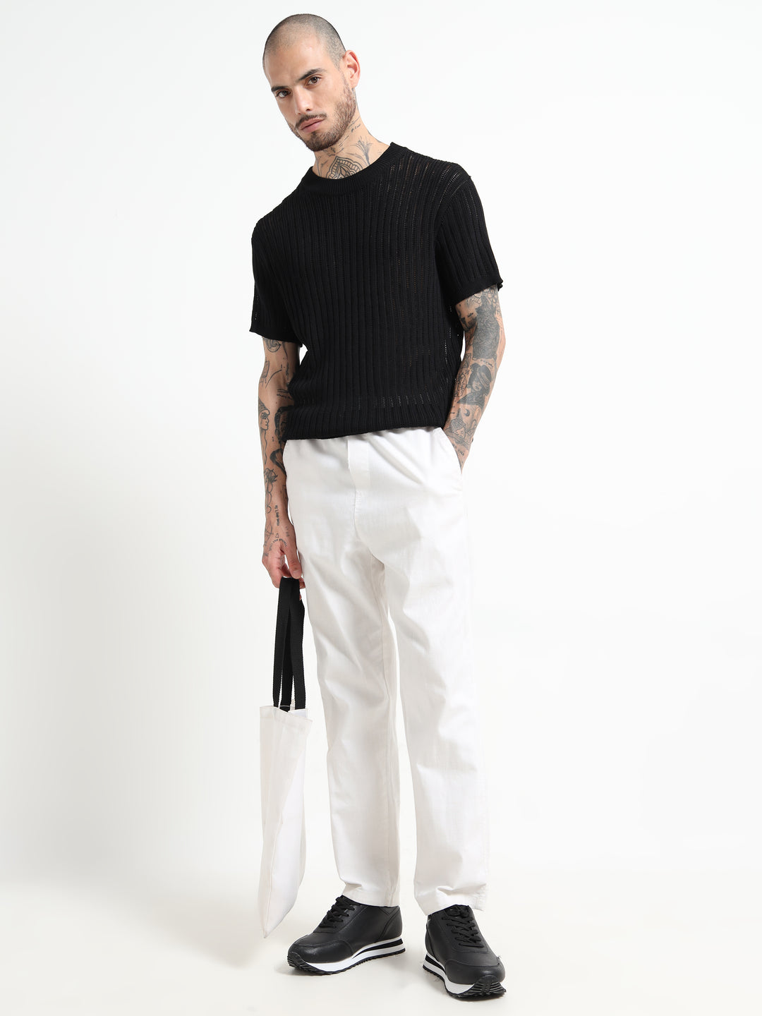 Men's Rib-Knit Crewneck Sweater T-Shirt - Black