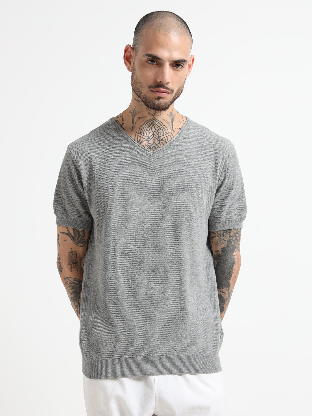 Men's Lightweight Knit V-Neck T-Shirt - Flowery Gray