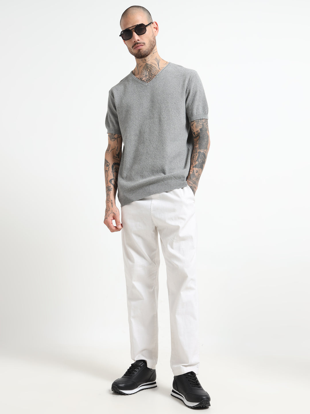 Men's Lightweight Knit V-Neck T-Shirt - Flowery Gray