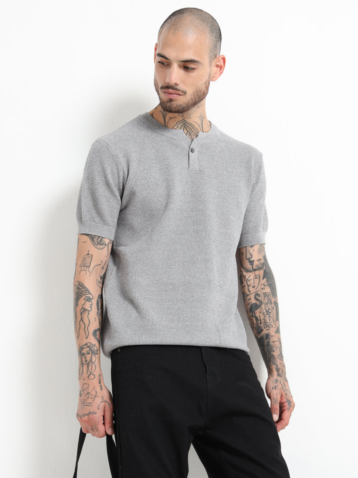 Men's Fine-Knit Henley Sweater T-Shirt - Flower Gray