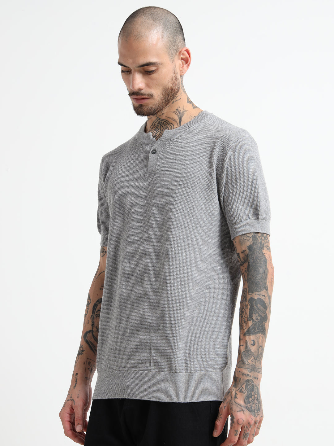 Men's Fine-Knit Henley Sweater T-Shirt - Flower Gray