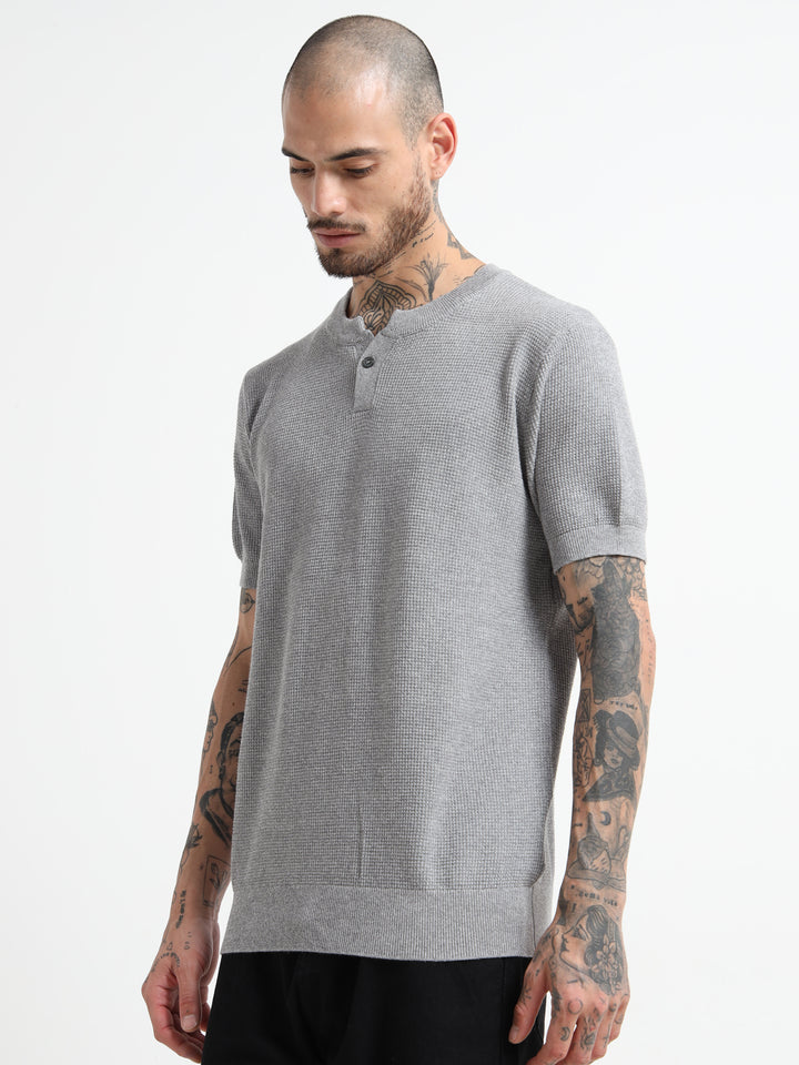 Men's Fine-Knit Henley Sweater T-Shirt - Flower Gray