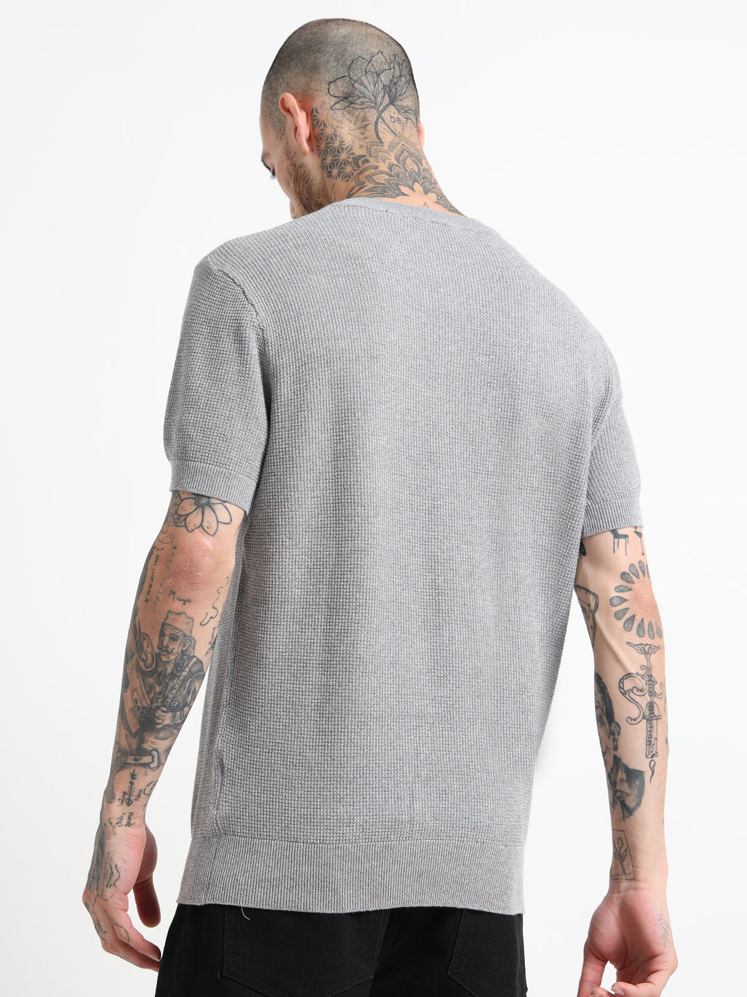 Men's Fine-Knit Henley Sweater T-Shirt - Flower Gray
