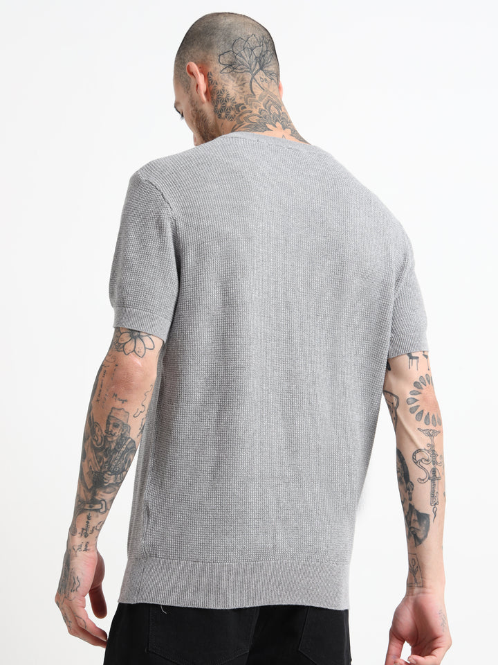 Men's Fine-Knit Henley Sweater T-Shirt - Flower Gray