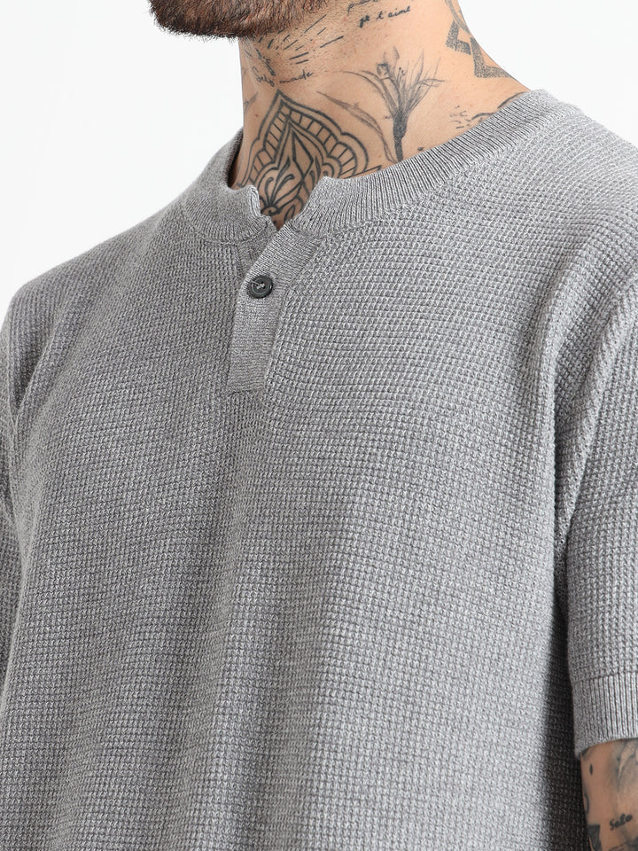 Men's Fine-Knit Henley Sweater T-Shirt - Flower Gray