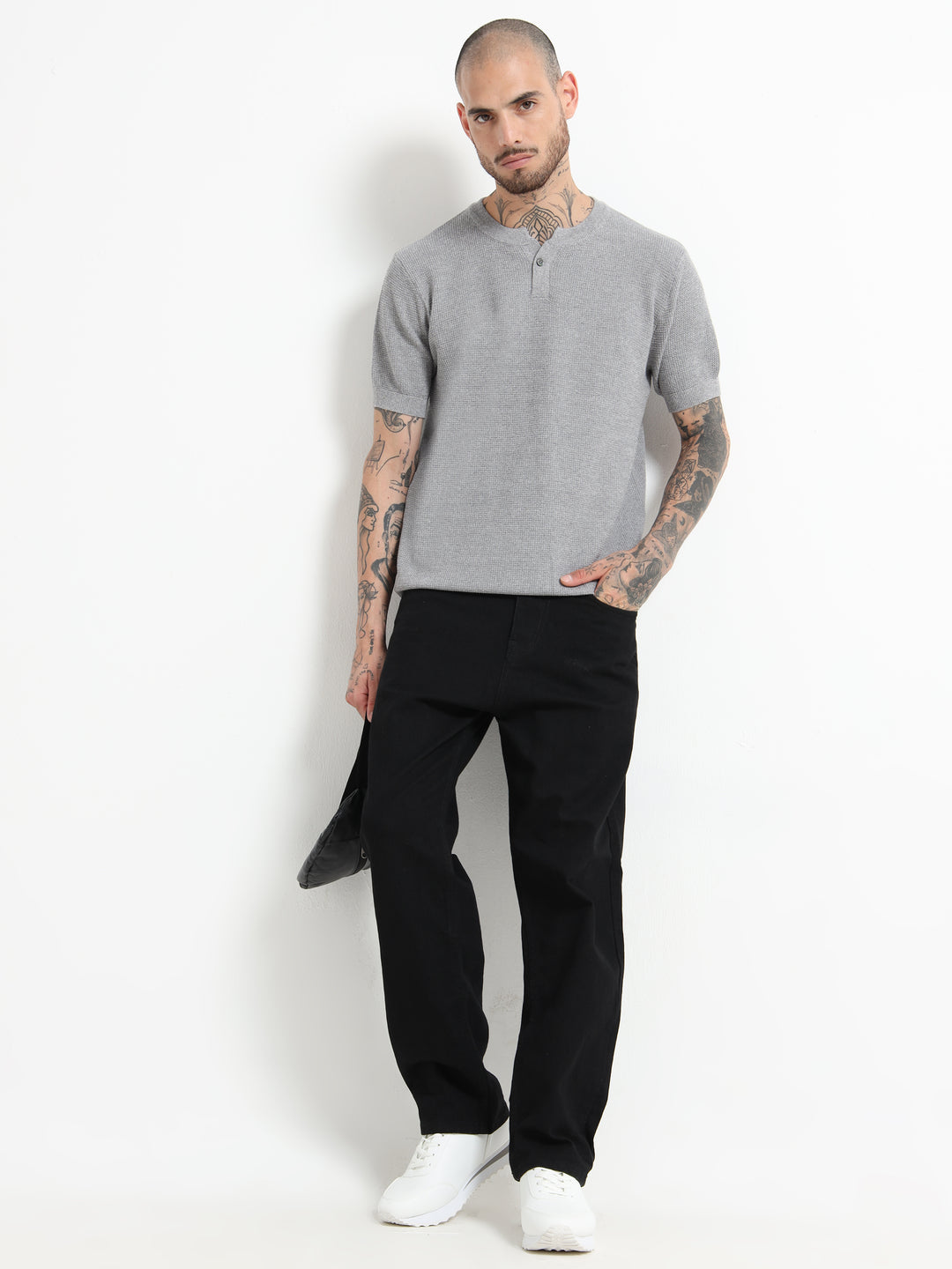 Men's Fine-Knit Henley Sweater T-Shirt - Flower Gray