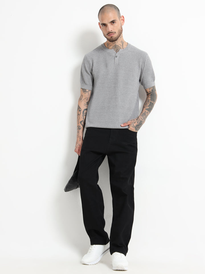 Men's Fine-Knit Henley Sweater T-Shirt - Flower Gray