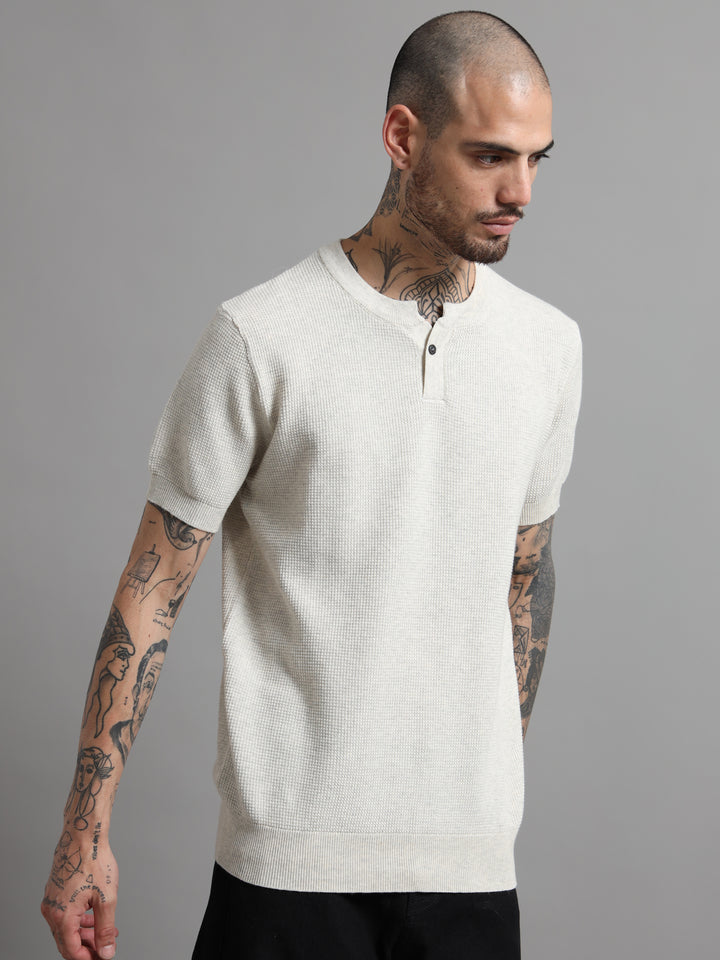 Men's Fine-Knit Henley Sweater T-Shirt - Beige