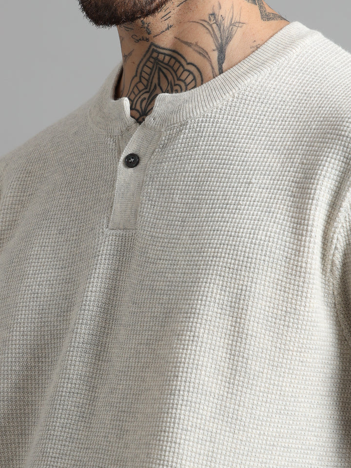 Men's Fine-Knit Henley Sweater T-Shirt - Beige