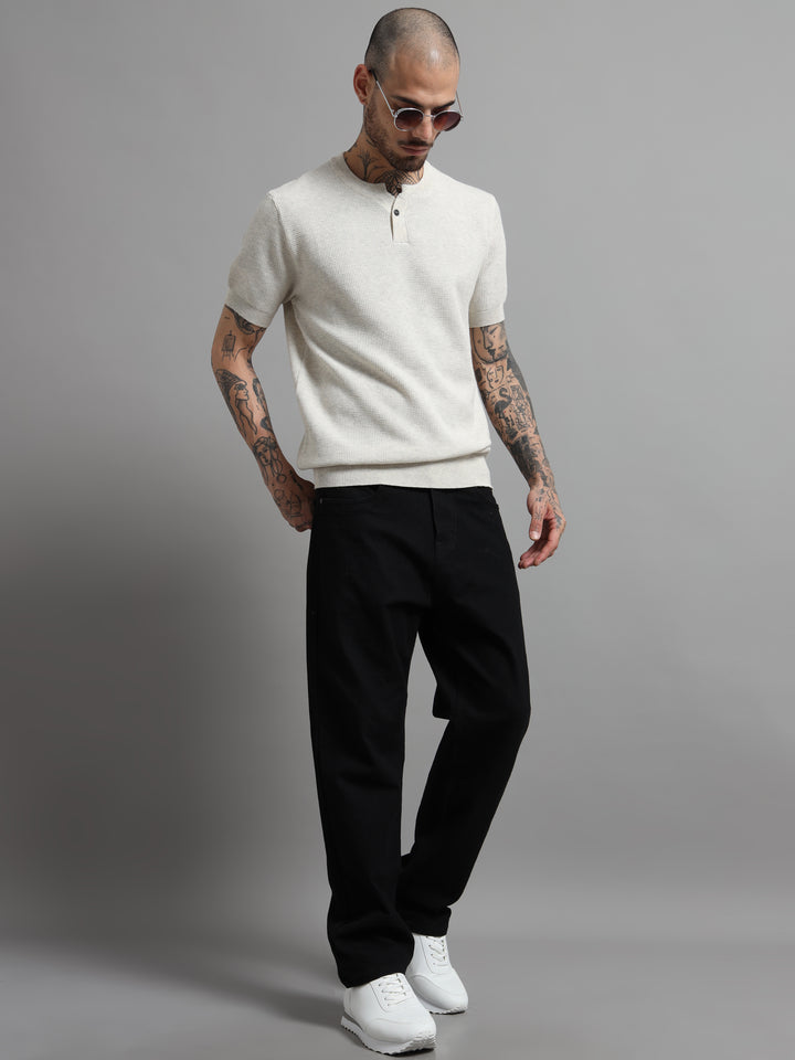 Men's Fine-Knit Henley Sweater T-Shirt - Beige