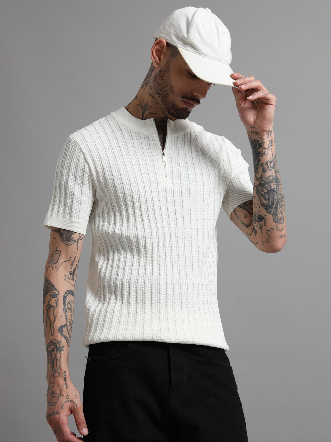 Men's Cable Knit Zip T-Shirt - White