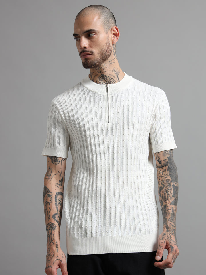 Men's Cable Knit Zip T-Shirt - White