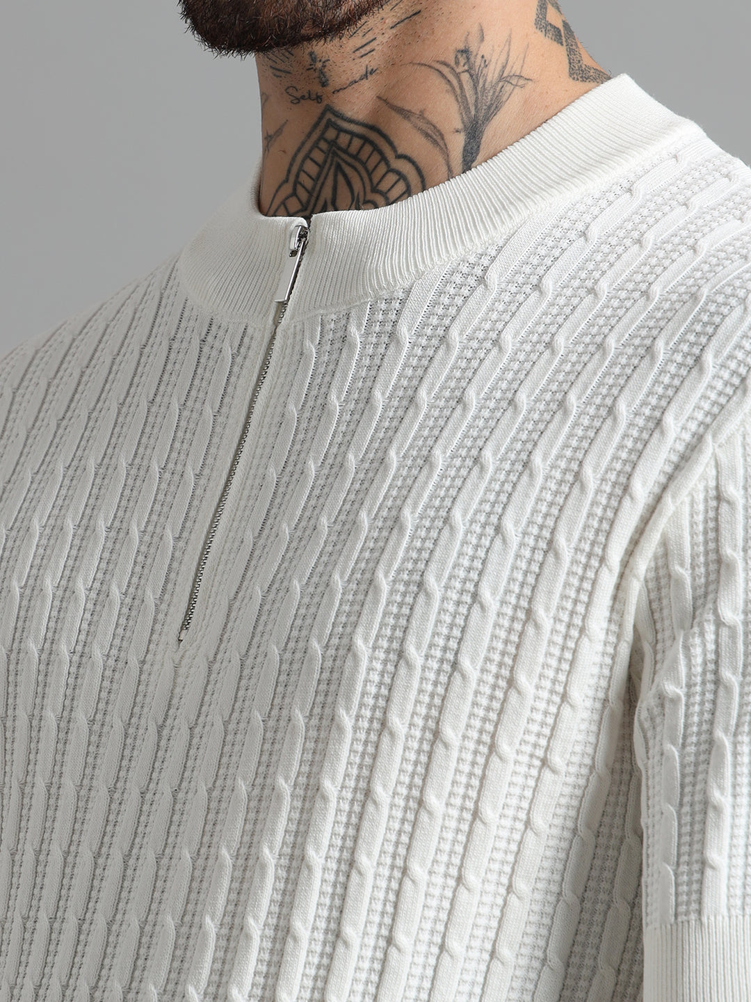 Men's Cable Knit Zip T-Shirt - White