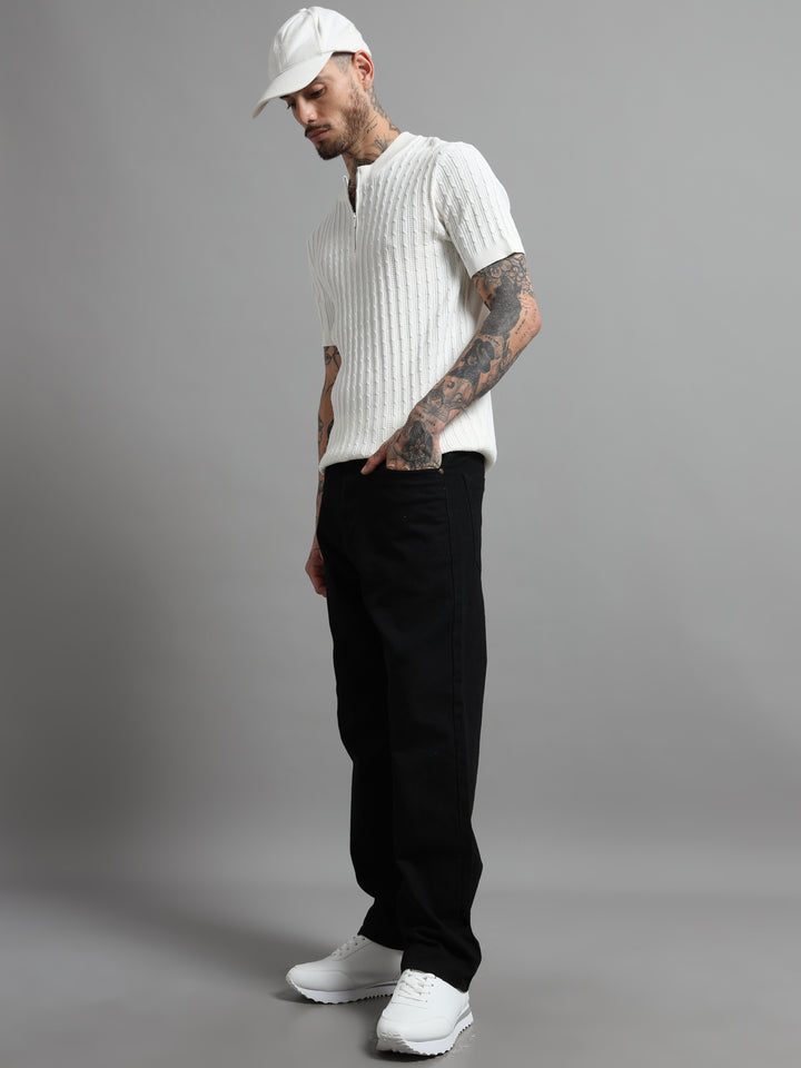 Men's Cable Knit Zip T-Shirt - White