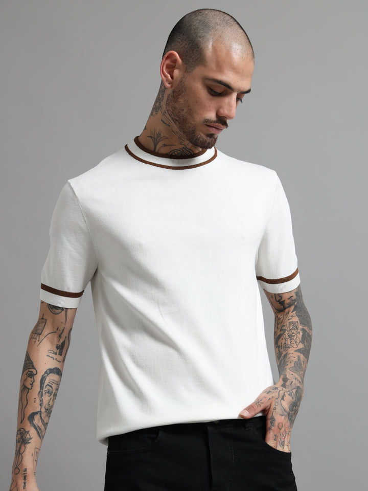 Ribbed Trim Knit T-Shirt with Contrast Stripes - White & Brown