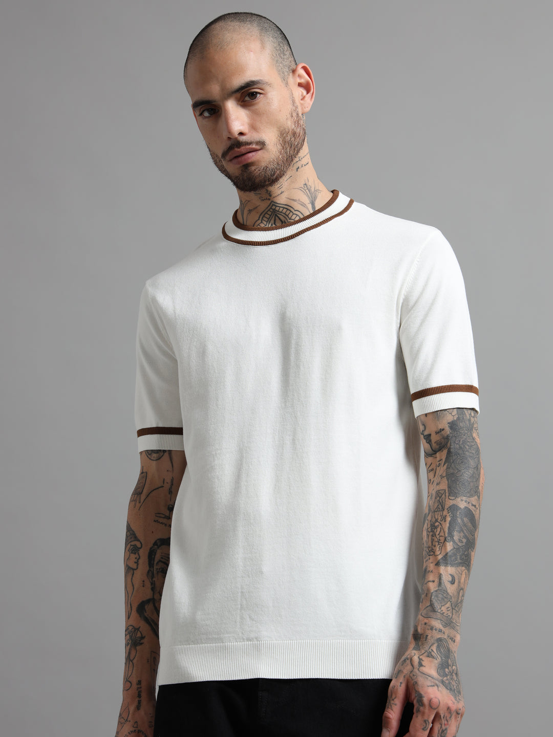 Ribbed Trim Knit T-Shirt with Contrast Stripes - White & Brown