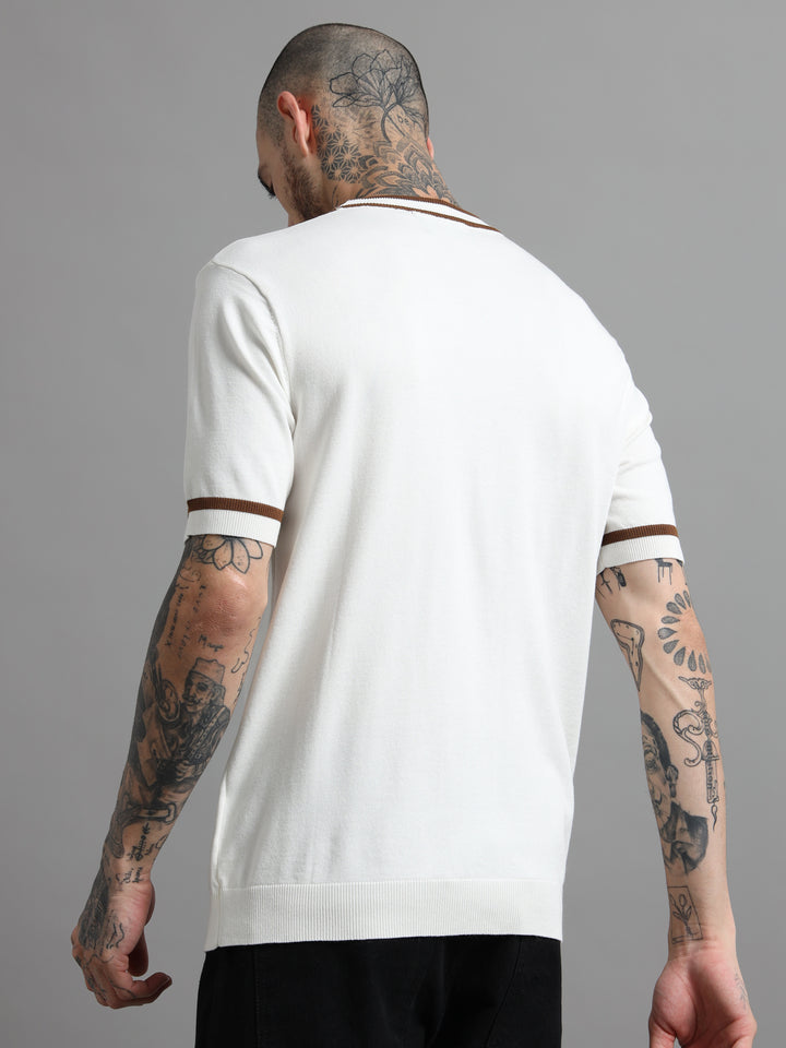 Ribbed Trim Knit T-Shirt with Contrast Stripes - White & Brown