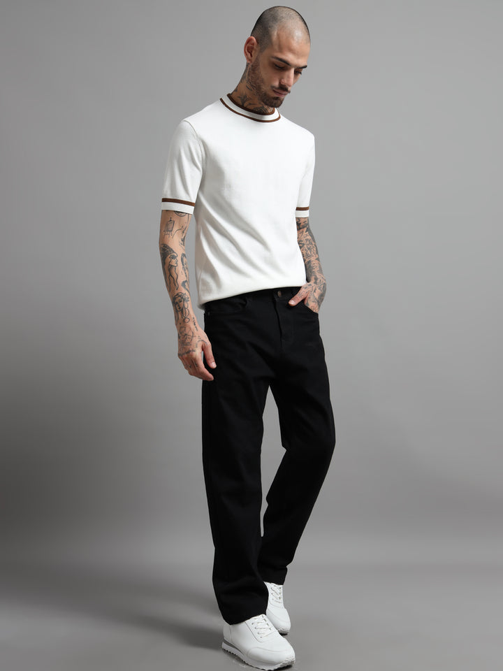 Ribbed Trim Knit T-Shirt with Contrast Stripes - White & Brown
