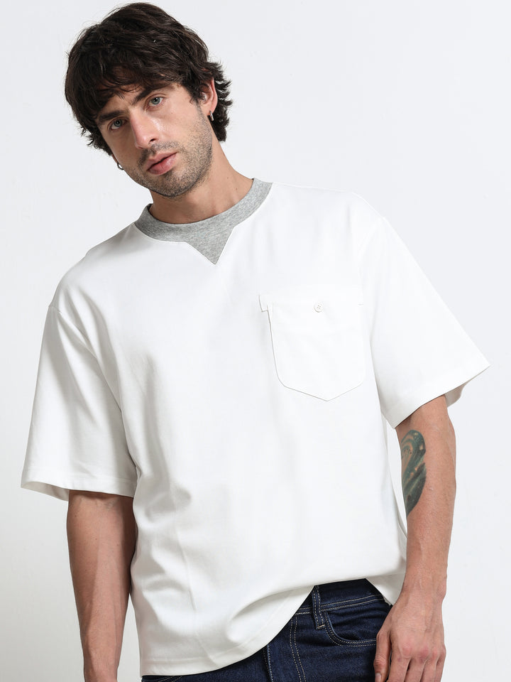 Contrast Neck Pocket White T-Shirt