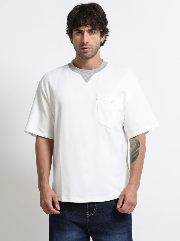 Contrast Neck Pocket White T-Shirt