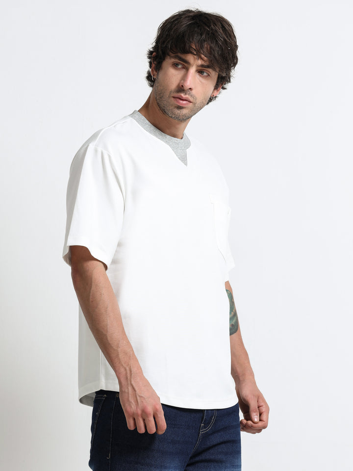 Contrast Neck Pocket White T-Shirt