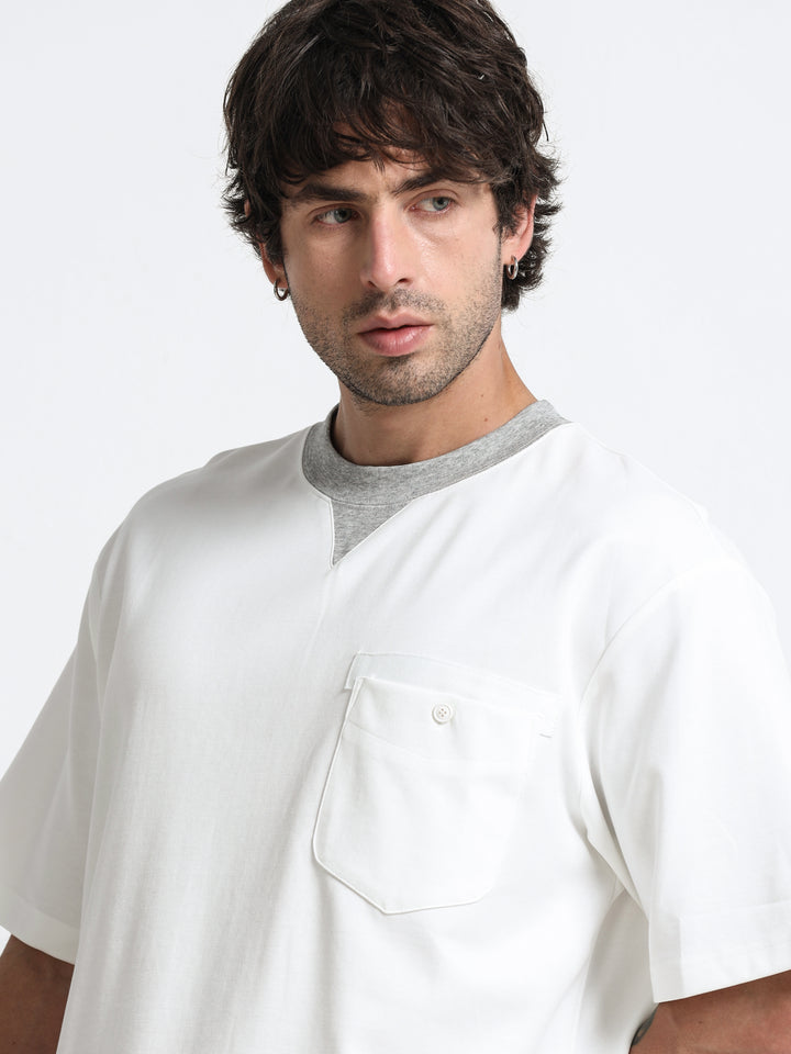 Contrast Neck Pocket White T-Shirt