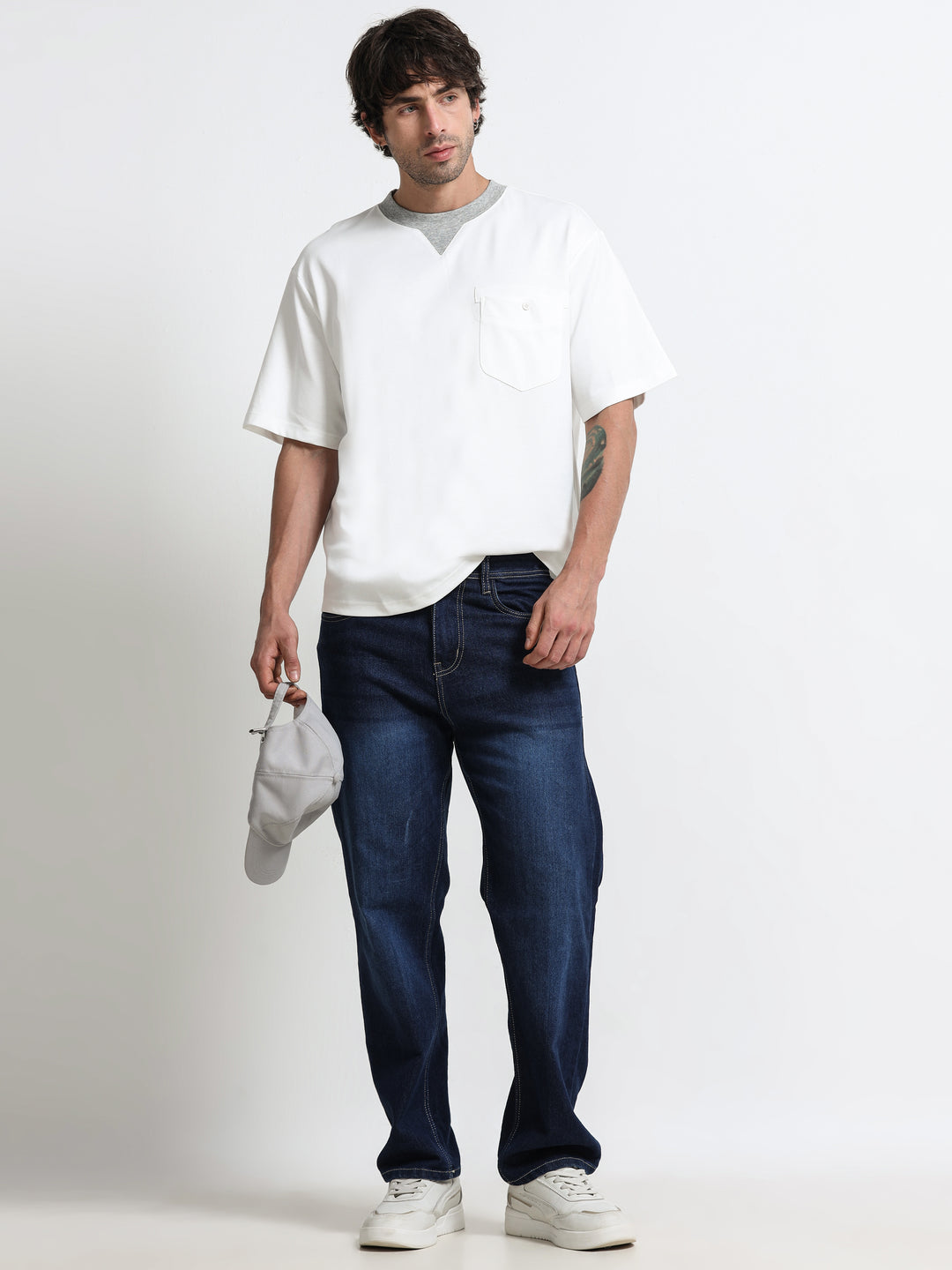 Contrast Neck Pocket White T-Shirt