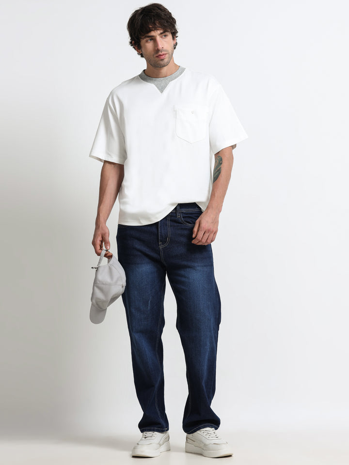 Contrast Neck Pocket White T-Shirt
