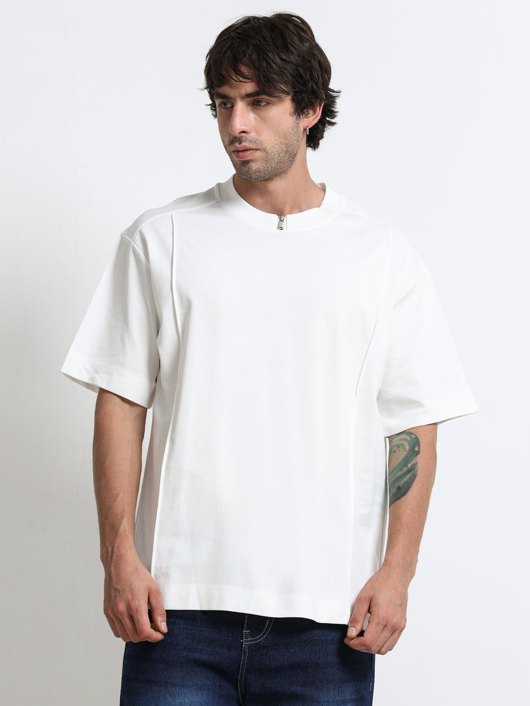 Minimal Zip-Neck White T-Shirt