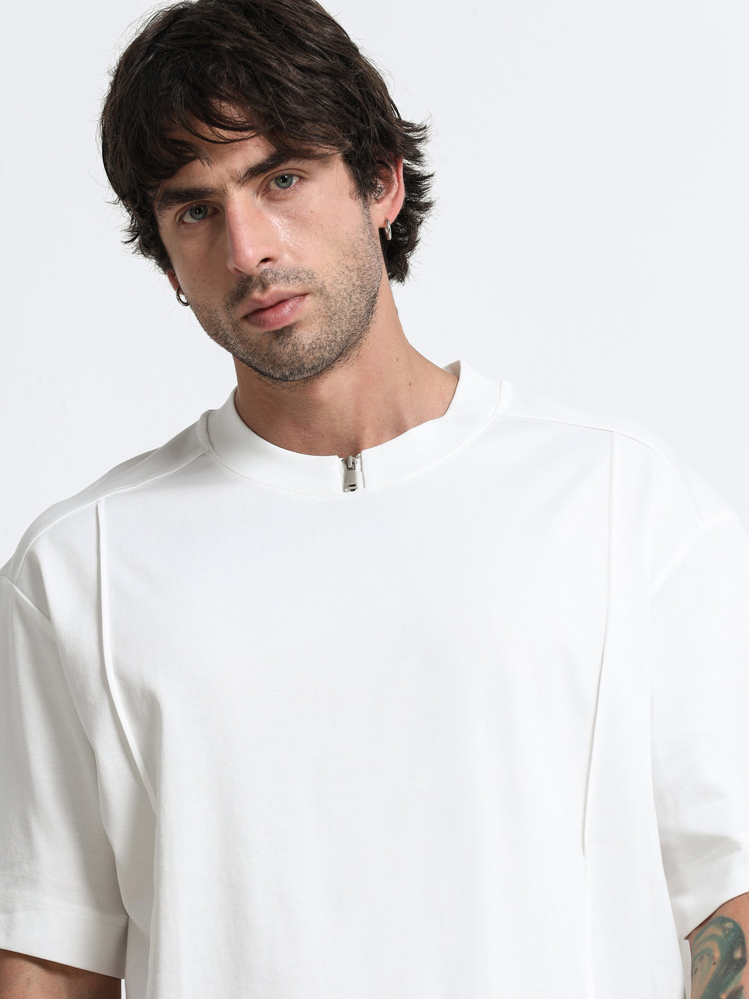 Minimal Zip-Neck White T-Shirt