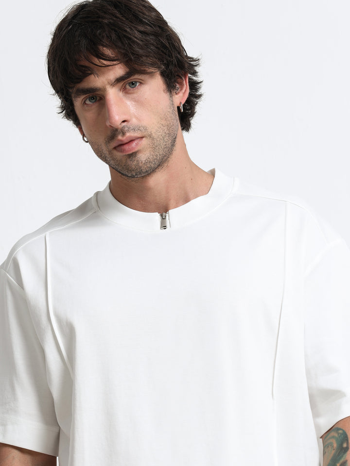 Minimal Zip-Neck White T-Shirt
