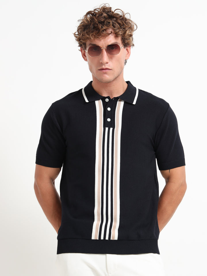 Men’s Knitted Polo T-Shirt with Contrast Vertical Stripes - Black