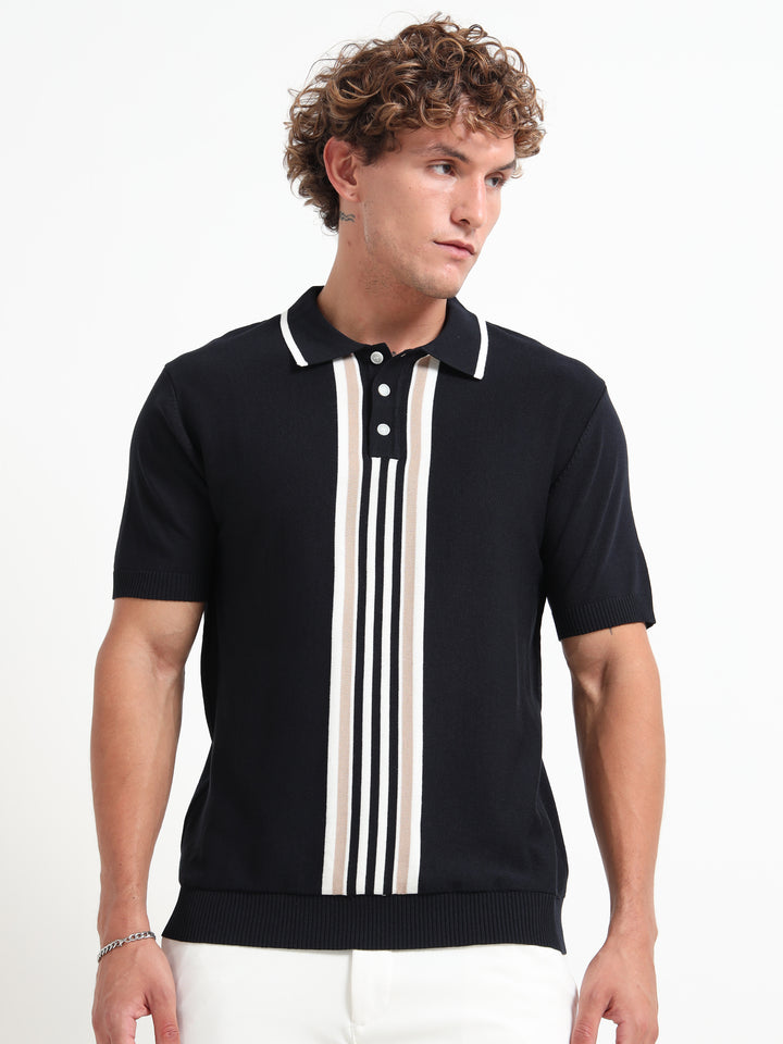 Men’s Knitted Polo T-Shirt with Contrast Vertical Stripes - Black