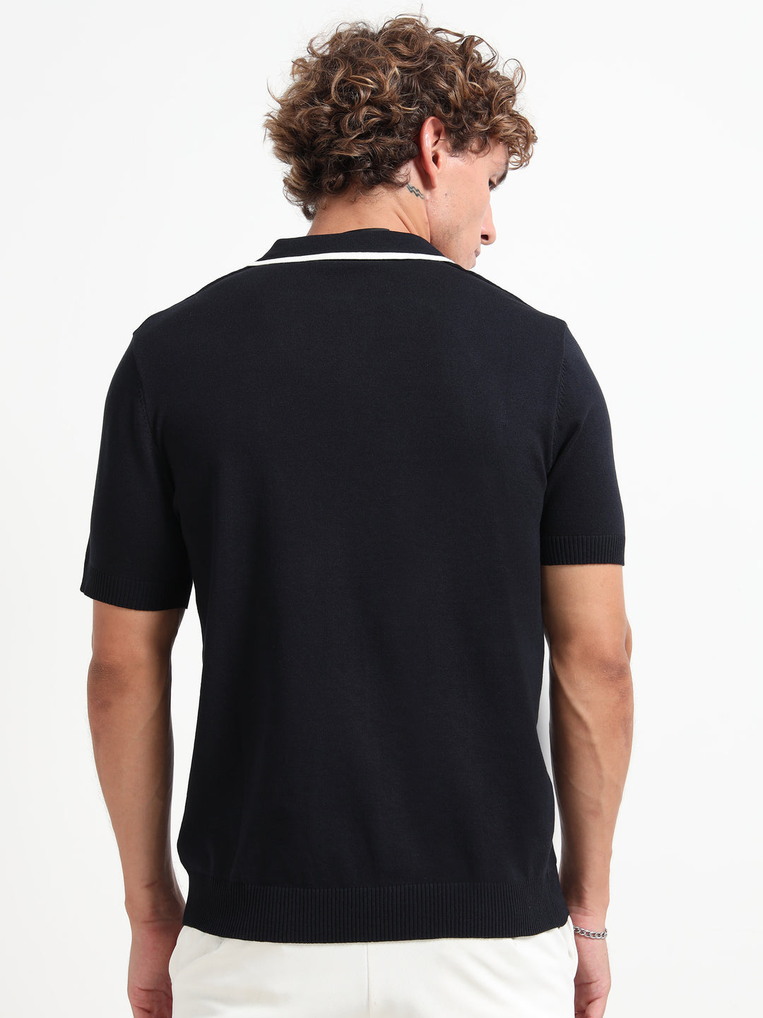 Men’s Knitted Polo T-Shirt with Contrast Vertical Stripes - Black