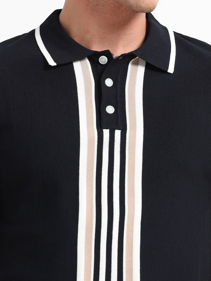 Men’s Knitted Polo T-Shirt with Contrast Vertical Stripes - Black