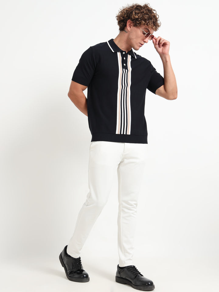 Men’s Knitted Polo T-Shirt with Contrast Vertical Stripes - Black