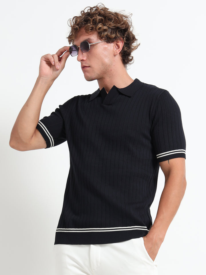 Men's Knitted Polo T Shirt - Blue