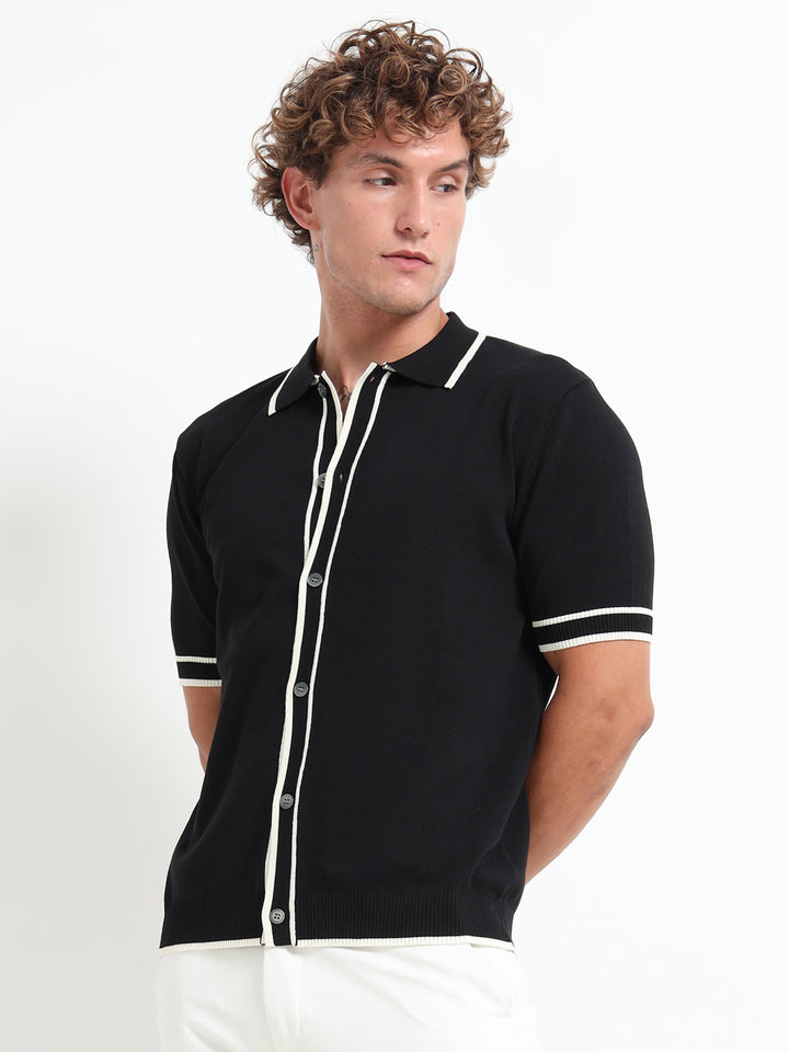 Men's Knitted Polo T Shirt - Black