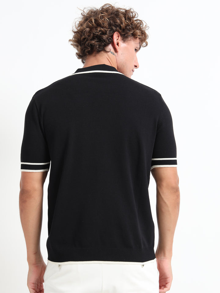 Men's Knitted Polo T Shirt - Black