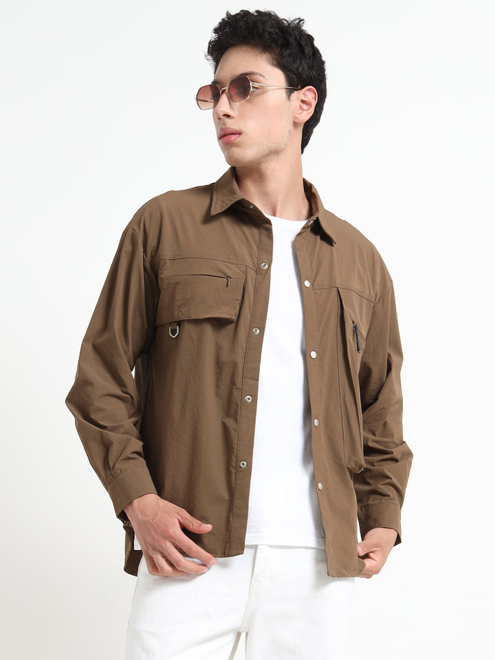 Tactical Style with Cargo Pockets Utility Shirt - Brown