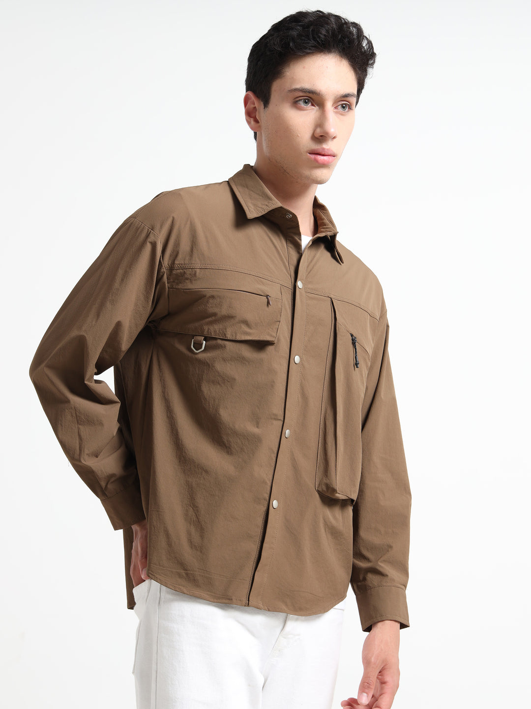 Tactical Style with Cargo Pockets Utility Shirt - Brown