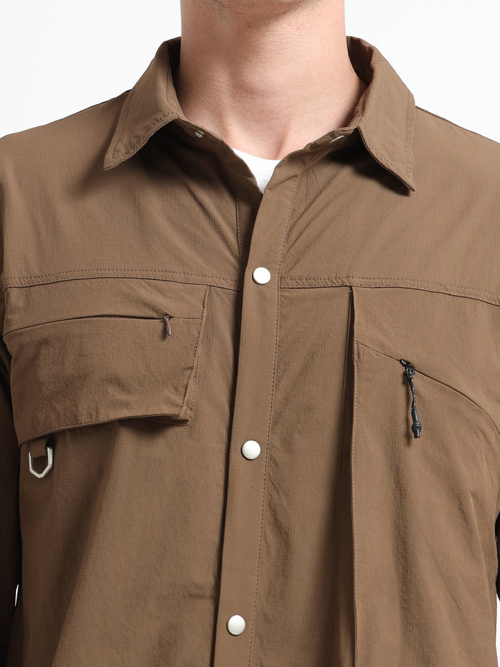 Tactical Style with Cargo Pockets Utility Shirt - Brown